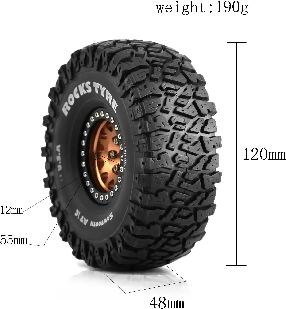 1.9" Metal Beadlock Wheel 120/48mm Tires Set 12mm for /10 RC Crawler Car Axial SCX10 90046 TRX4 TRX6  AXI03007 D90 Redcat Gen8