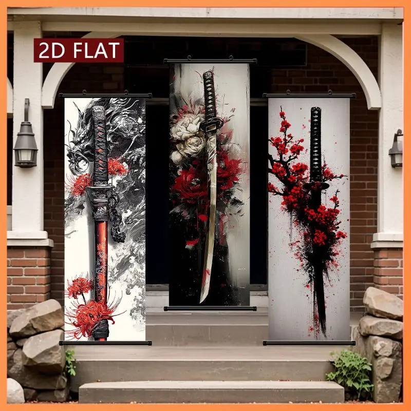 VIKAMA Katana Dragon Peony Wall Tapestry Red Spider Lily Black Ink Scroll Art Home Decor Modern Style Soft Durable Cozy Gift