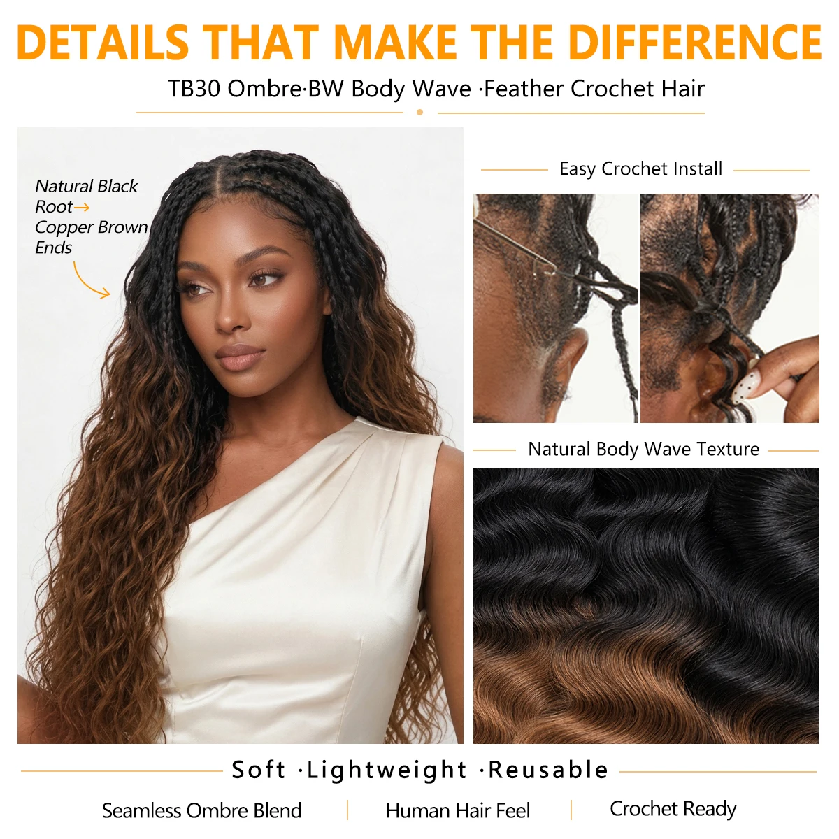 Miracle Knots T1B/30 TB30 Ombre Highlight 12A Human Hair Body Wave Feather Crochet Hair Invisible Knotless Pre Separated Boho Braiding Hair Soft Bouncy Natural Looking Easy Install view 6