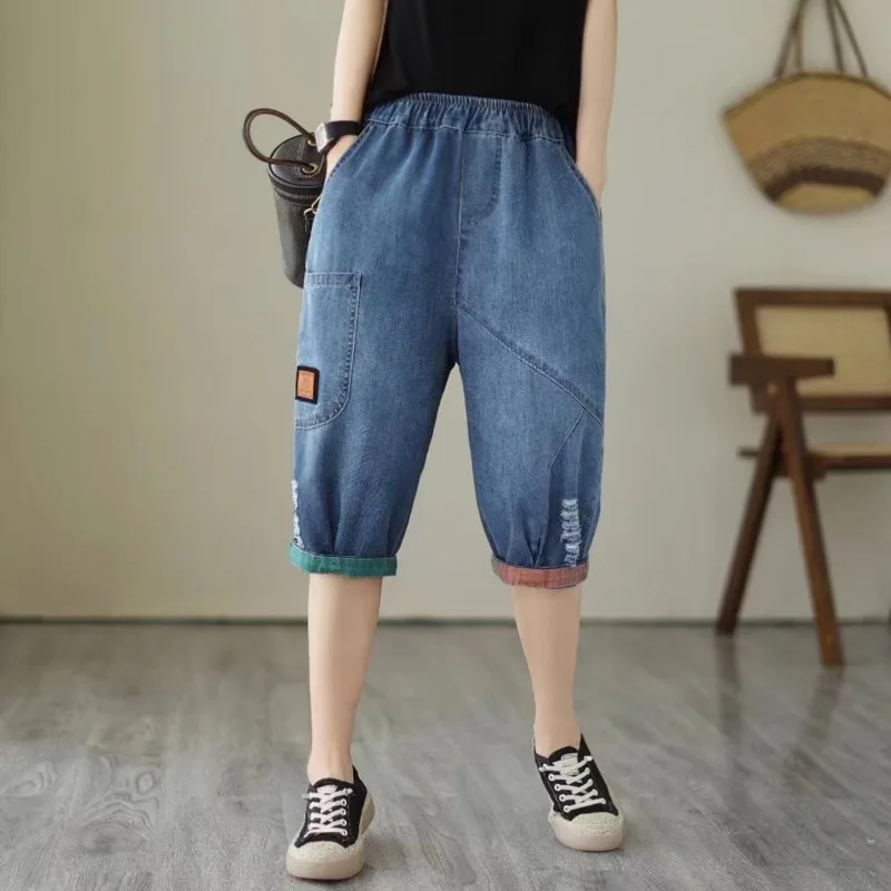 

Faionable Women's Six-Point Jeans Summer Thin Loose Casual Large Size Mid-Pants Waed Hole Elastic Waist Fem Pants