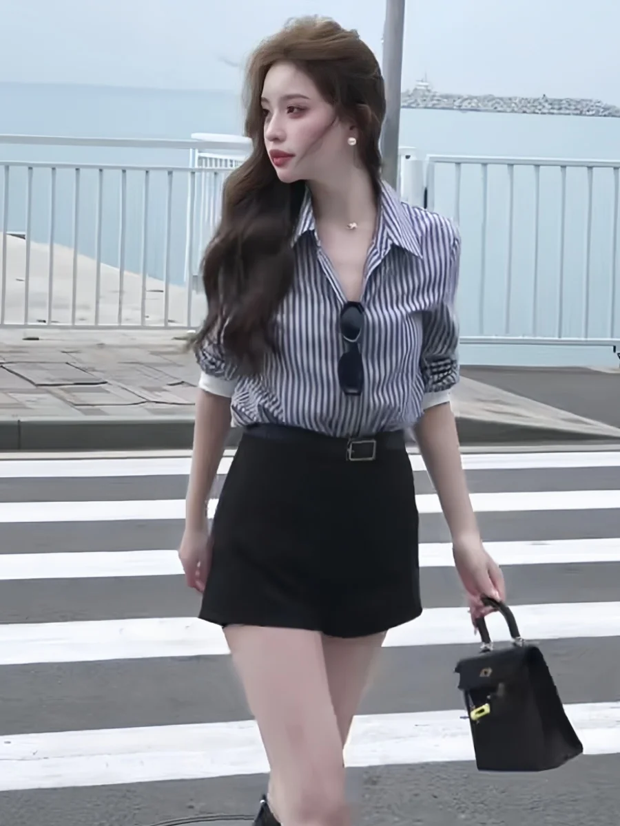 Chic Korean Style Striped Shirt Women's Long Sleeve Spring Autumn Inner Wear Slimming Top Meat Covering Ladylike Blouse