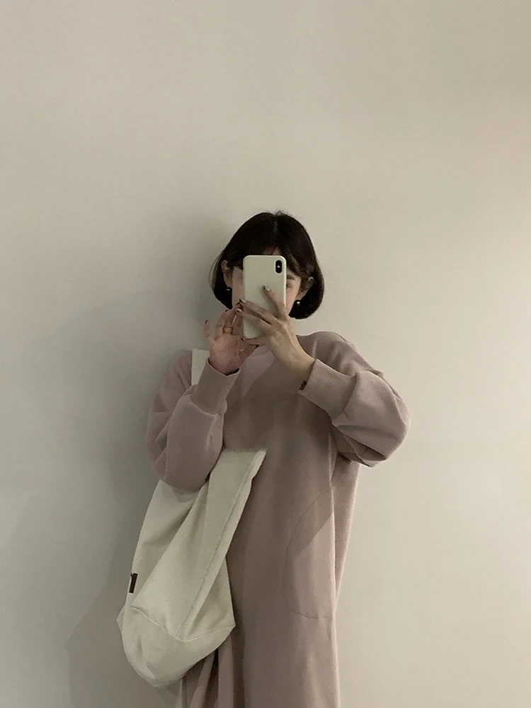 

Свободная повседневная юбка-миди на осень-зиму, 9 цветов, из смесового хлопка и полиэстера, с круглым вырезом и длинными рукавами, для создания расслабленного образа