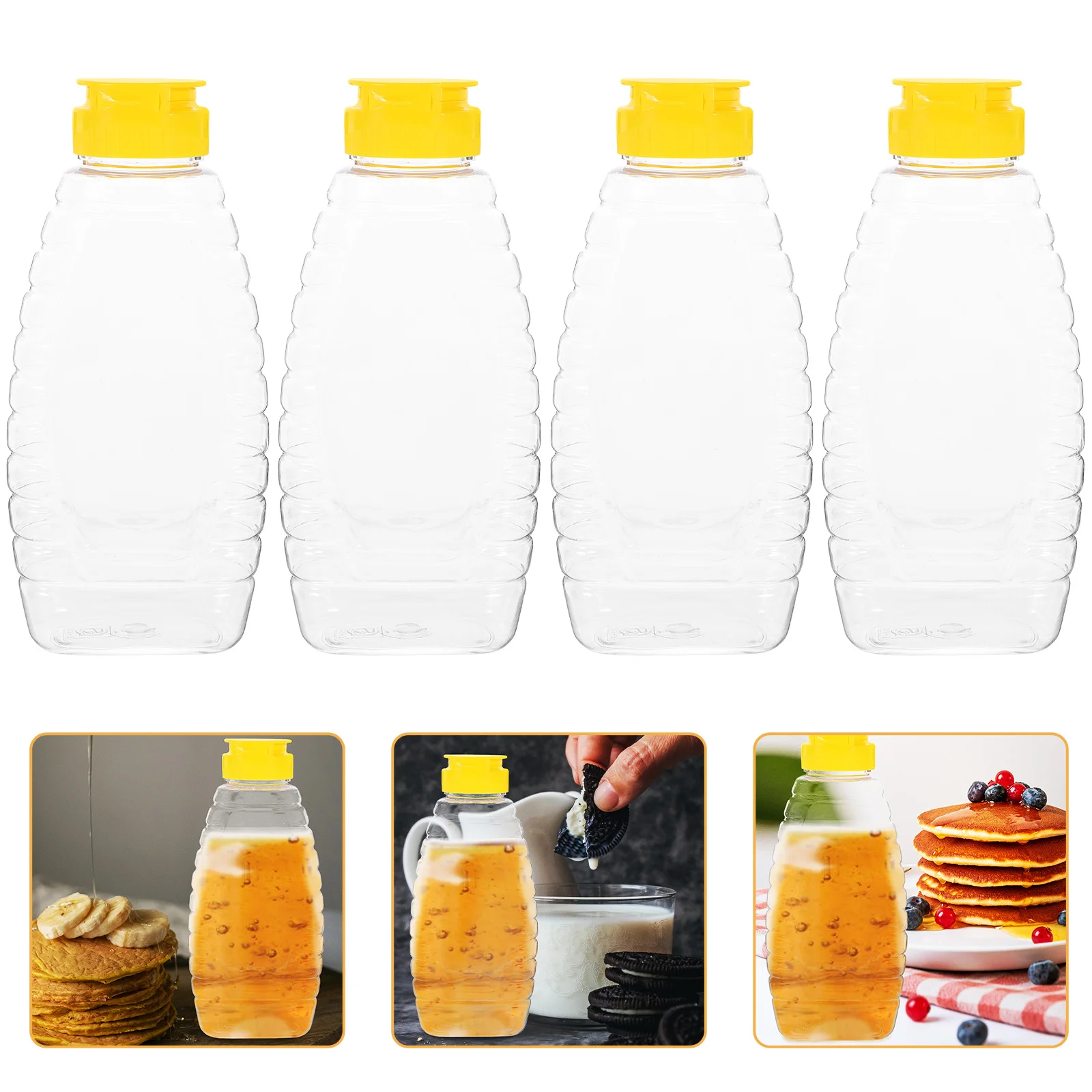4 pçs garrafa de mel plástico transparente reutilizável tampa compacta selada para casa churrasco molho geléia salada molho recipiente 500g capacidade