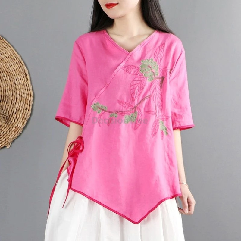 

2025 ethnic style embroidery V-neck cotton and linen top Chinese style literature art retro tea clothing irregular trendy blouse