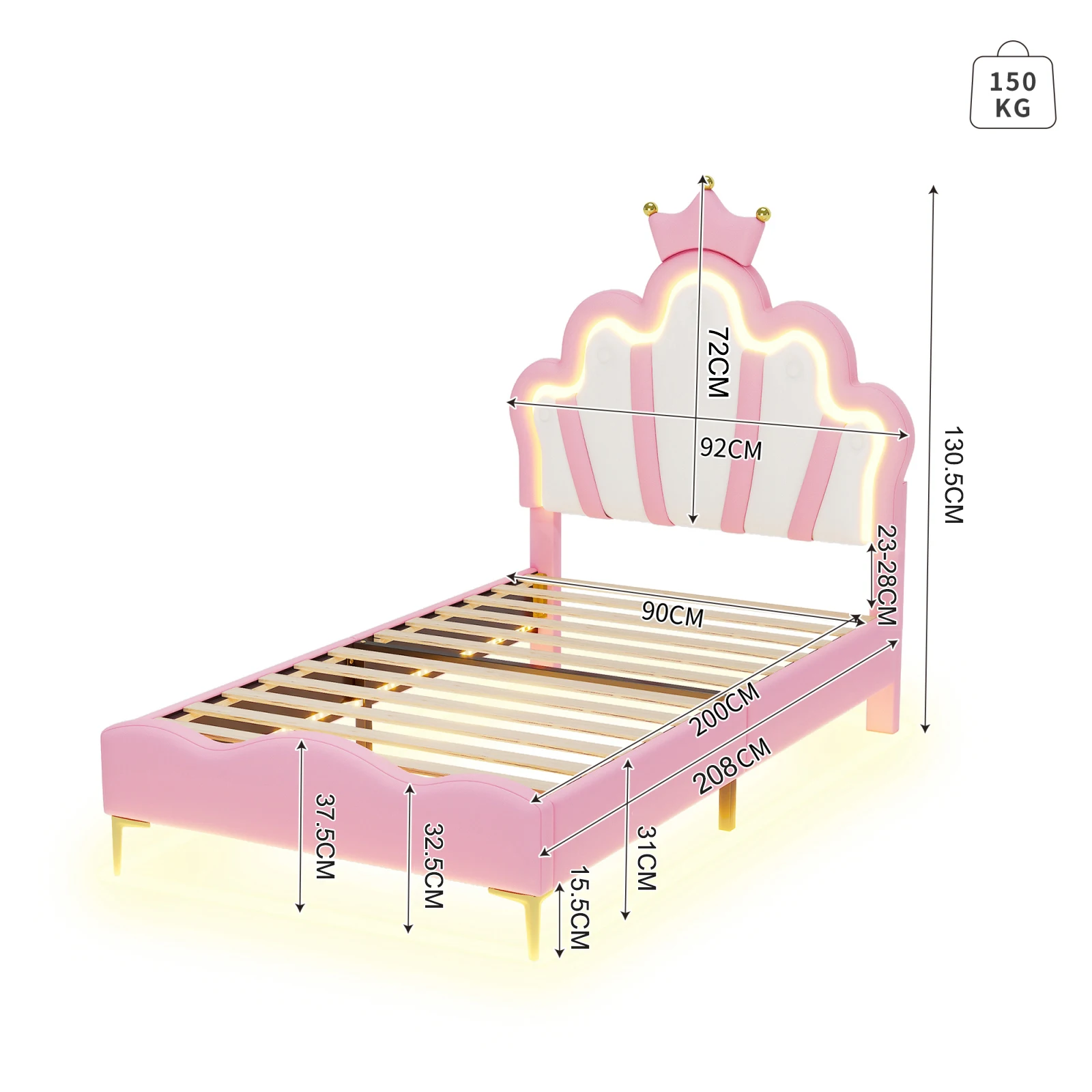 Rosahqnda LED gestoffeerd bed 90x200cm, kinderbed, meisjes eenpersoonsbed, prinsessenbed, kroonhoofdeinde, PU-materiaal, zonder matras