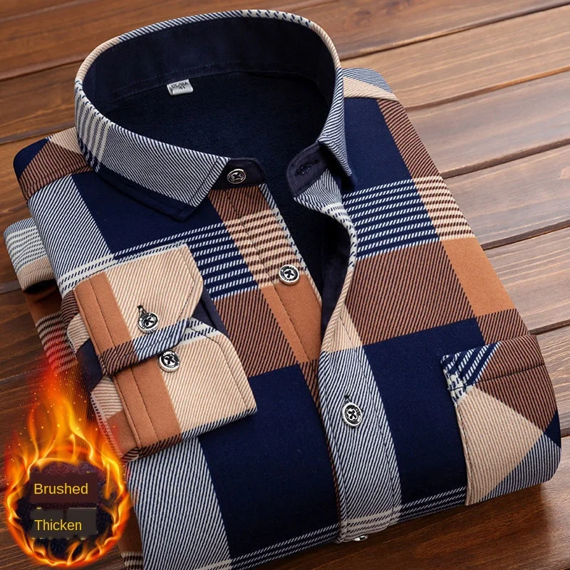 Autumn Winter Thick Velvet Dress Shirt For Men Casual Long Sleeve Warm Fleece Lining Shirts Fashion Soft Flannel size 5XL