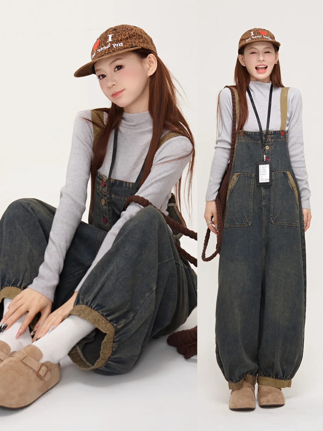 

Artistic Loose Art Lazy Sle Women's Spring Vintage Casual Design Denim Overalls High Waist Bule Button Breathable Comfort...