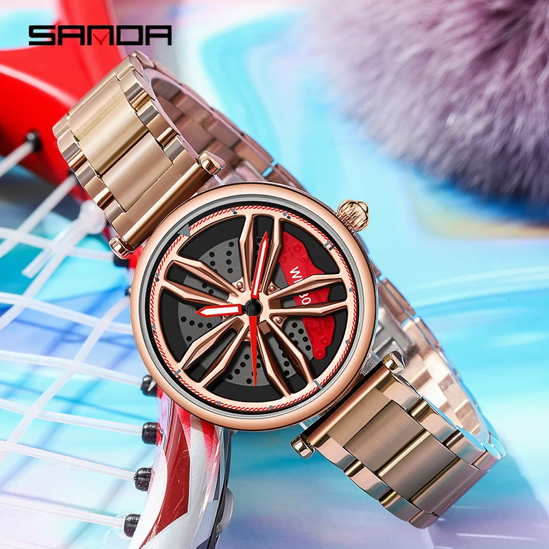 SANDA P1074 Hot Sell Fashion Car Rim Women Wristwatches Wheel Dial Ladies Watches Stainless Steel Waterproof Sport Female Clock