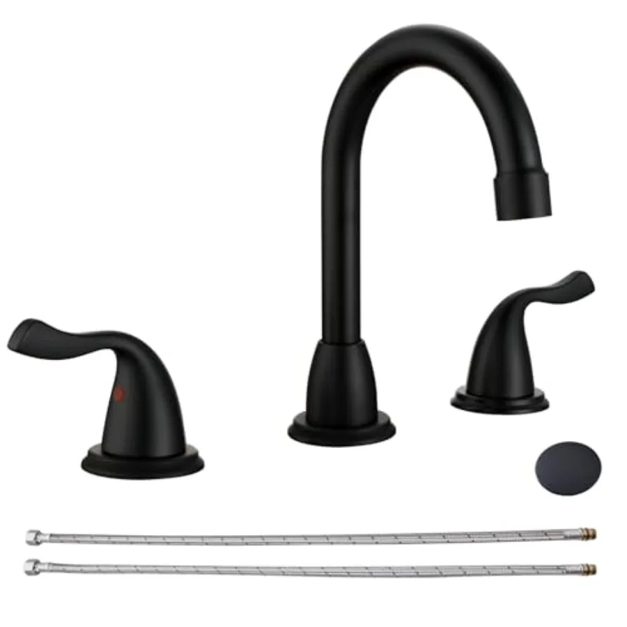 

Bathroom Faucets for Sink 3 Hole Black 8 inch Widespread Bathroom Sink Faucet with Drain Double Lever Handle Faucet Vanity Basi