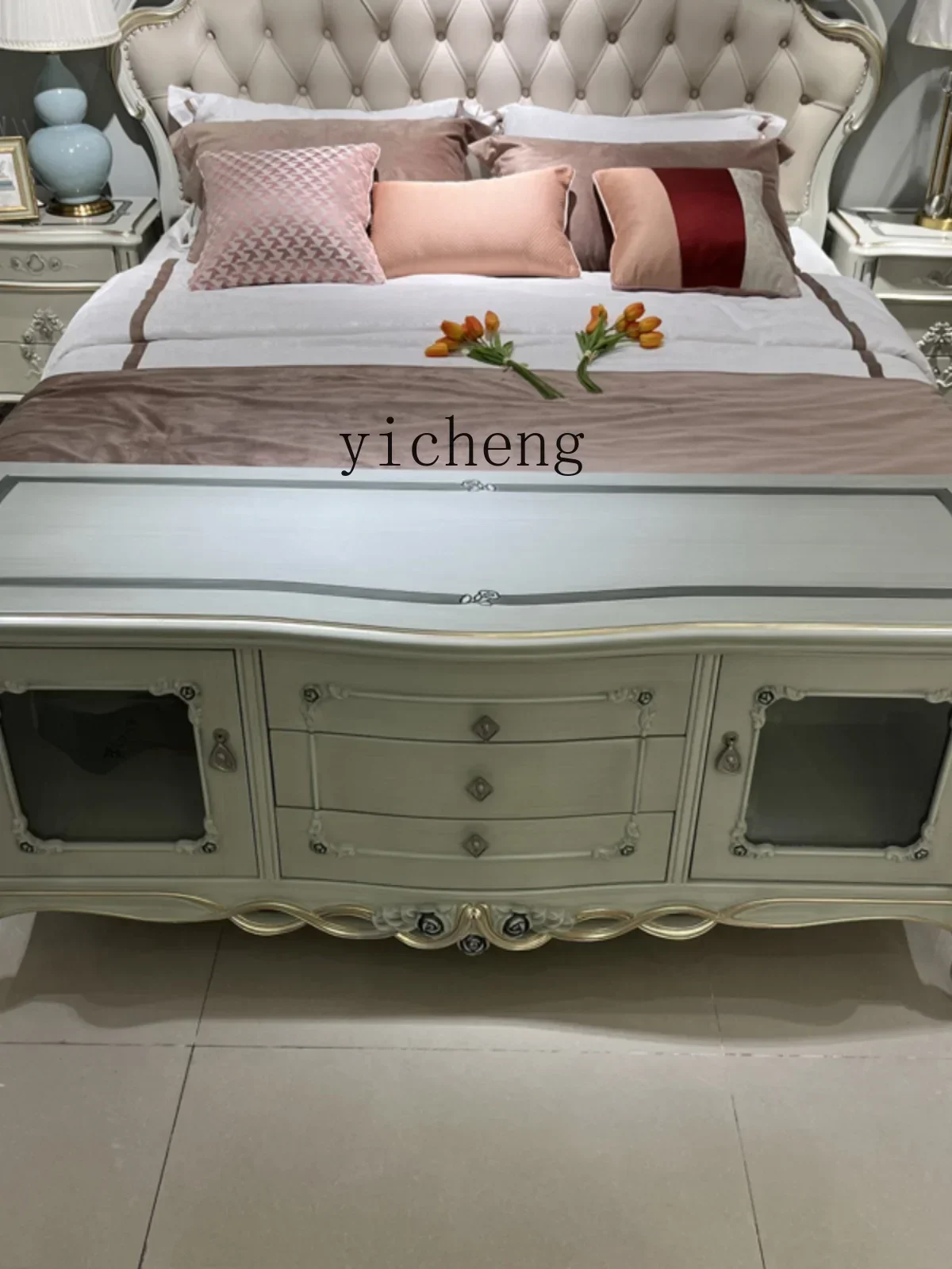 TV cabinet coffee table combination living room solid wood floor cabinet luxury furniture villa video cabinet carving
