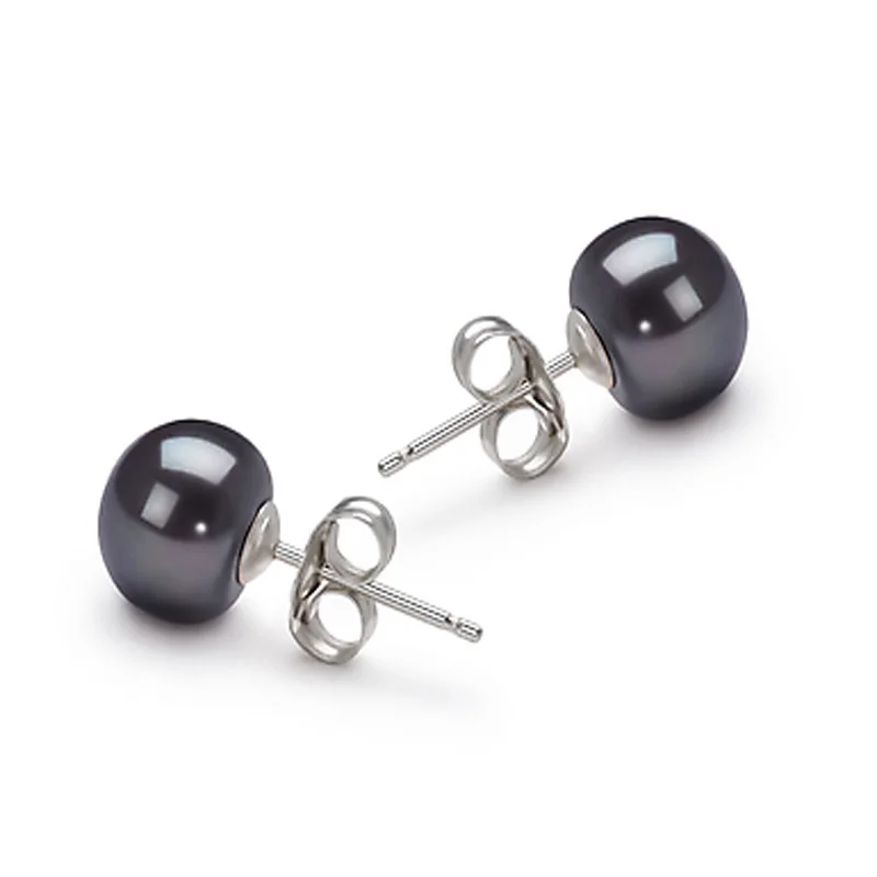 8-9mm Black Natural Cultured Freshwater Button Pearl Earring with Sterling Silver Stud