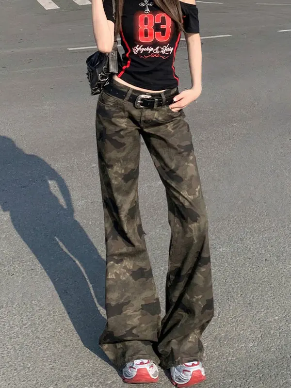 

American High Street Camouflage Bell Bottom Jeans Women's Slimming Long Pants Autumn New Style Not Tight Leg Hoof