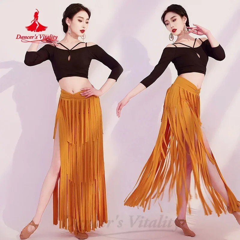 BellyDance Practice Set Long Sleeved Top+Tassel Long Skirt 2pcs Adult Female Oriental Belly Dance Professional Training Clothes