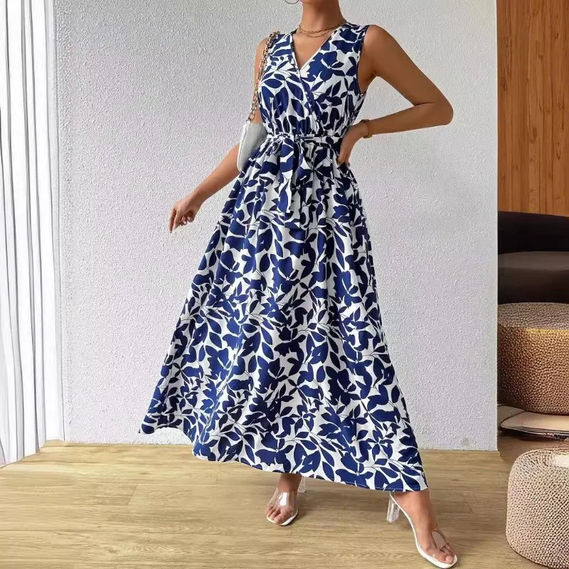 

Women's Flower Midi Dress New 2025 Fashion Summer Casual V-neck Sleeveless Personality Streetwear Beach Holiday Loose Robe Femme