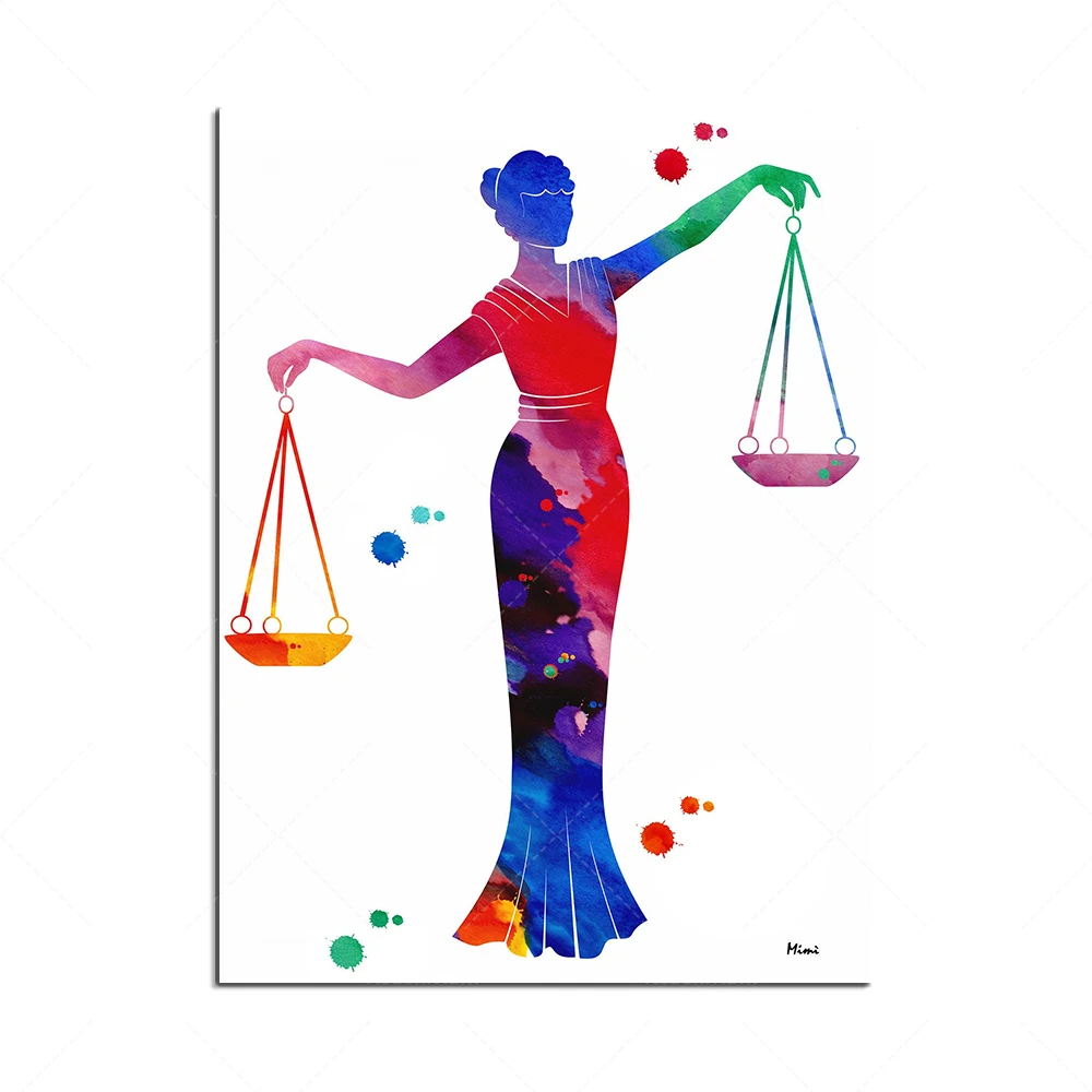 موازين العدالة مطرقة العدالة رموز العدالة الفن القانوني ثيميس آلهة العدالة اليونانية موازين السيف ملصق ألوان مائية