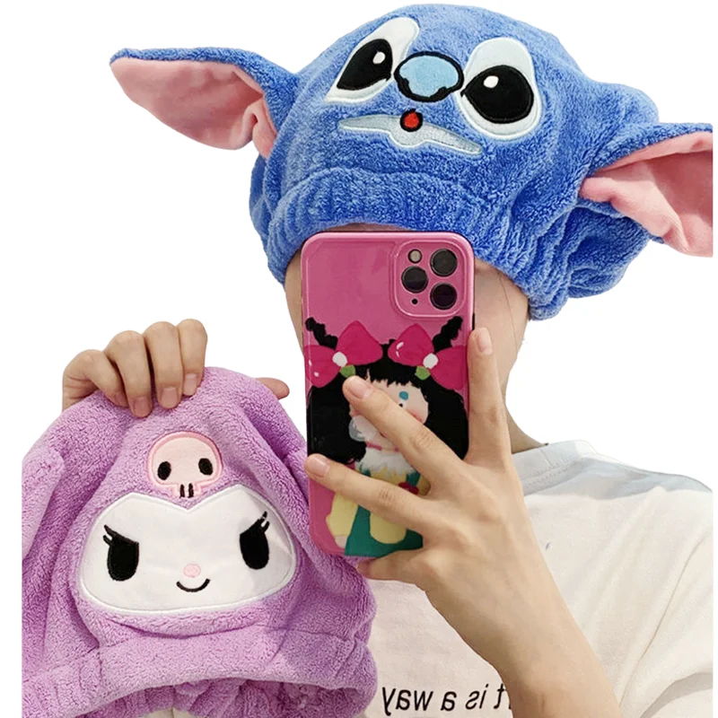 Disney Stitch Woman Girl Plush Hair drying cap Anime Stitch Kawaii extra thick quick drying bun head shower cap suction cap Gift