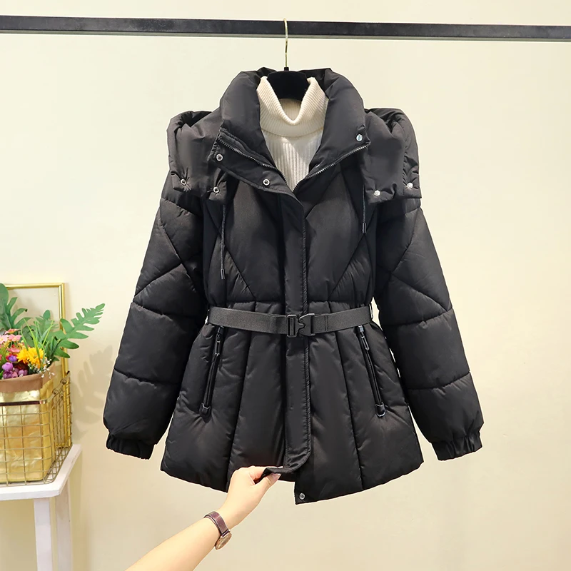 Jaket Wanita Musim Dingin Thiened Down Cotton dengan Topi yang Dapat Dilepas dan Sabuk Pinggang, Gaya Korea, Slim Fit, Panjang, Resleting