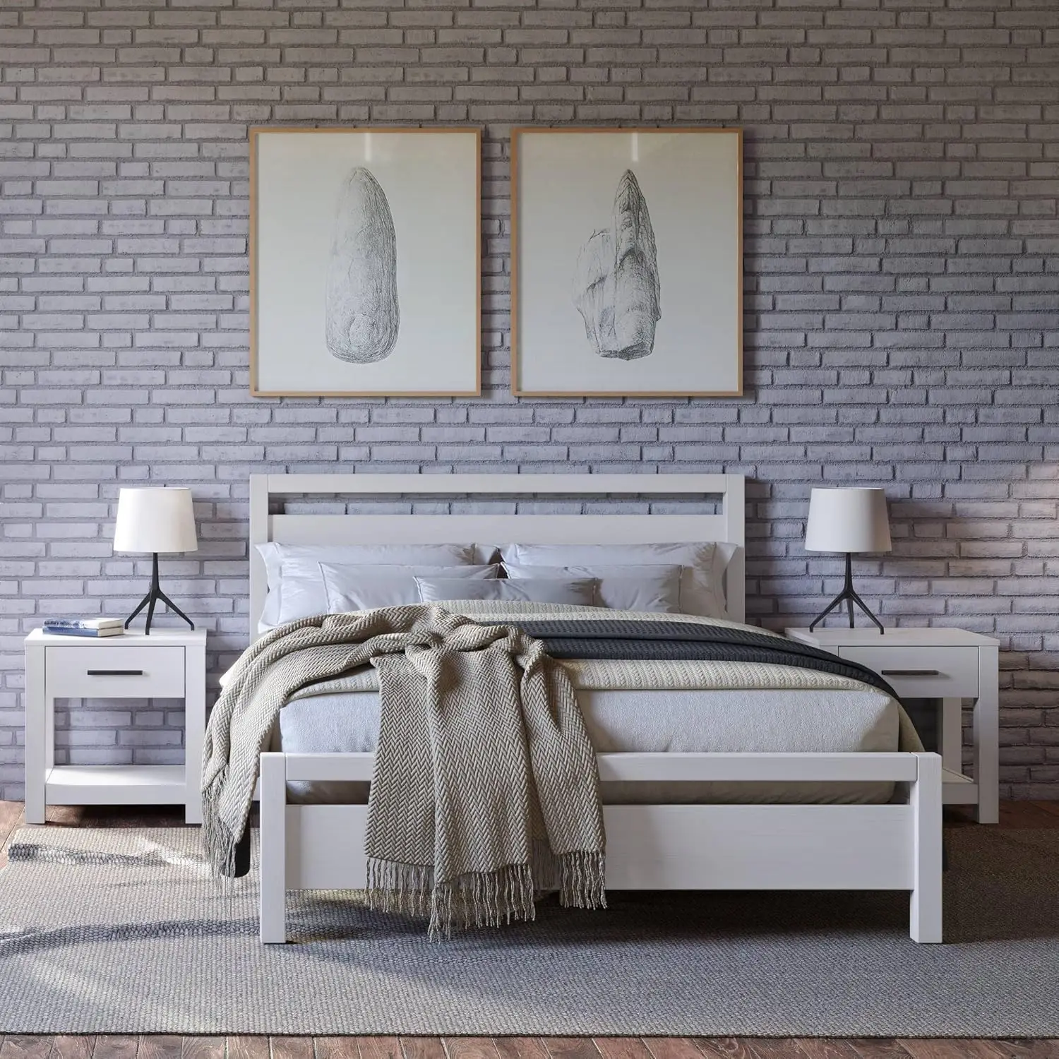 Cama madeira maciça para Loft, cama king size, branco escovado