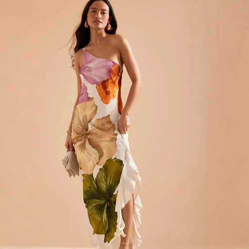 VEITCHE moda mujer estampado borde rizado Vestidos largos Irregular un hombro abierto tenedor vestido mujeres verano 2025 Vestidos de fiesta