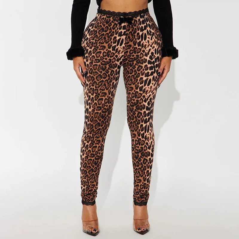 FAGADOER Fashion Lace Patchwork Bodycon Pants for Woman Pattern Leopard Print Elasticity Pants Female Streetwear Bottoms New