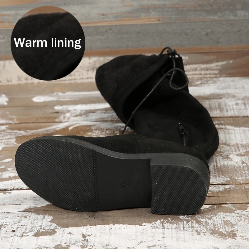 Moda Slim sopra il ginocchio stivali donna autunno inverno corto peluche stivali lunghi donna nero floccato tacco basso coscia alta Botas taglia