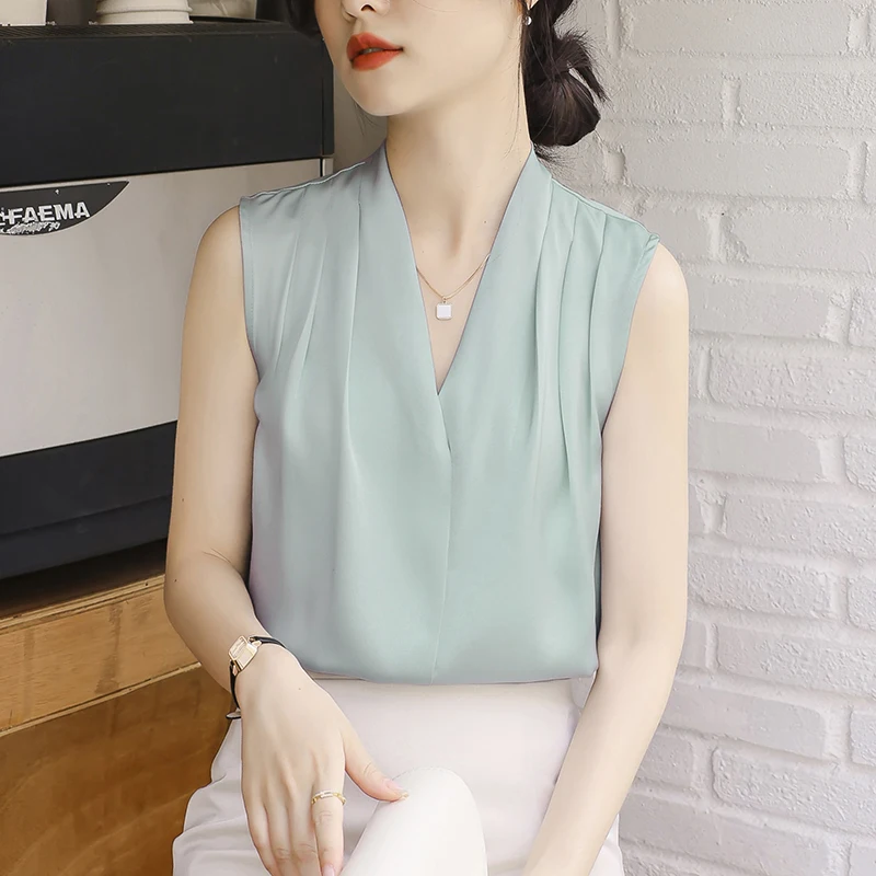 2025 nuevo verano camiseta sin mangas de satén blusas de mujer sin mangas sólido cruzado con cuello en V Casual coreano elegante chaleco camisas para mujer