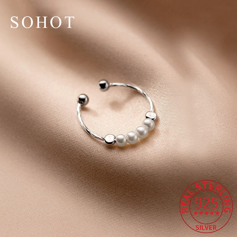 

Real 925 Sterling Silver Round Minimalist Pearl Opening Ring for Charm Women Trendy Fine Jewelry Personality Accessories