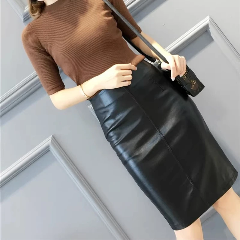 Woman High Waist Pencil Skirts Club Vintage Bodycon Midi Skirt PU Leather Skirt Sexy Jupe Faldas