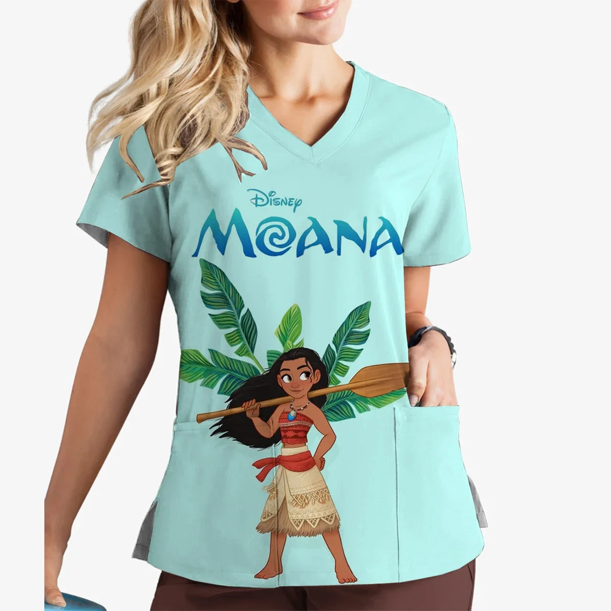 Disney Moana princess print V-neck print top short-sleeved top hospital nurse Caregiver Pet store work uniform