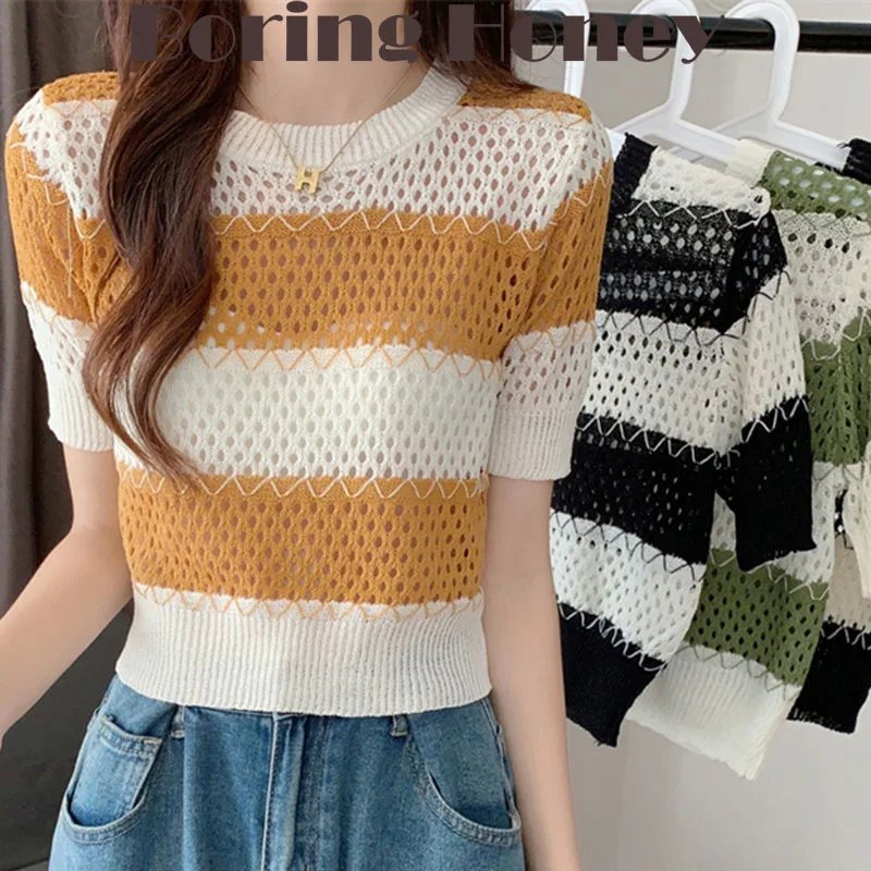 Boring Honey Stripe Knitted Tops Women Round Collar Retro Women's T Shirts Hollow Out Short Sleeves Slim Fit Women Clothing