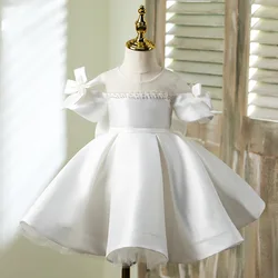 2024 Solid Formal Dresses Christening Dress for Girl Wedding Bridesmaid Costume White Frocks for Girls Ceremonial Simple Clothes