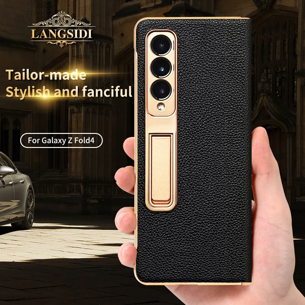 Leather Phone Case for Samsung Galaxy Z Fold 5 4 3 Fold4 Fold5 Gold Plating Magnetic Hinge Stand Back Cover with Mirror Film