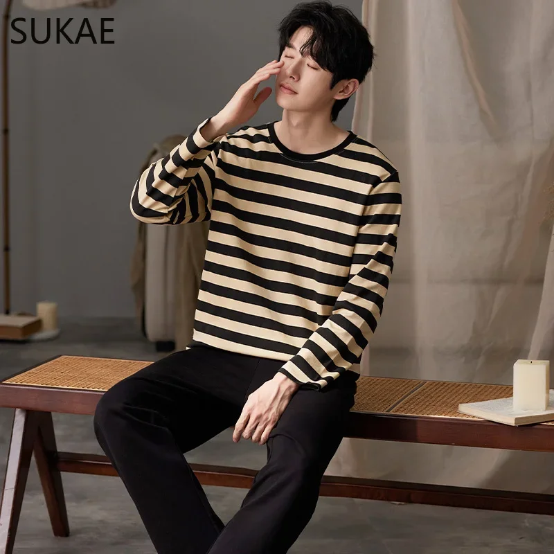 SUKAE-Pyjama en Faux Coton à Manches sulfpour Homme, Ensemble de Vêtements de Nuit, Dessin Animé, Rayé, pour Garçon, Nouvelle Collection Automne et Printemps