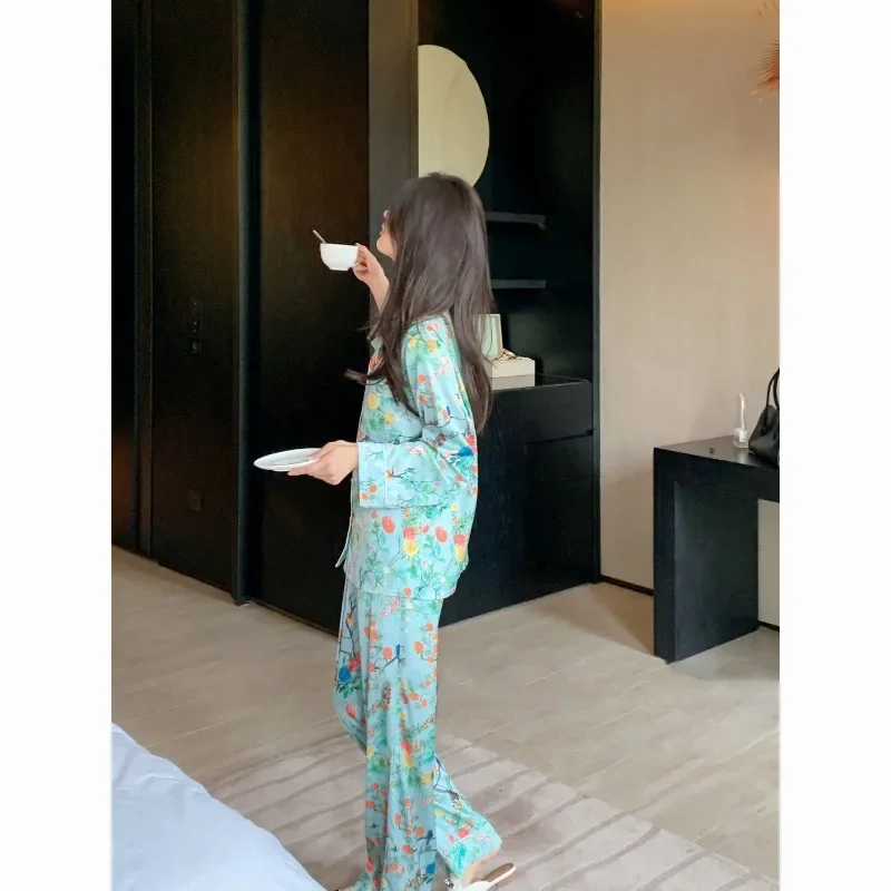 Pajamas Female Spring and Autumn New Style Online Celebrity Sweet Trousers Home Dress Set Advanced Floral Printing Long Sleeve