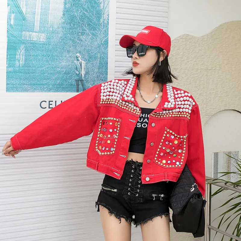 Thailand Tide Brand 2022 Spring and Autumn Heavy Industry Diamond-encrusted Short Denim Jacket Women's Retro Jacket Top Cross-bo