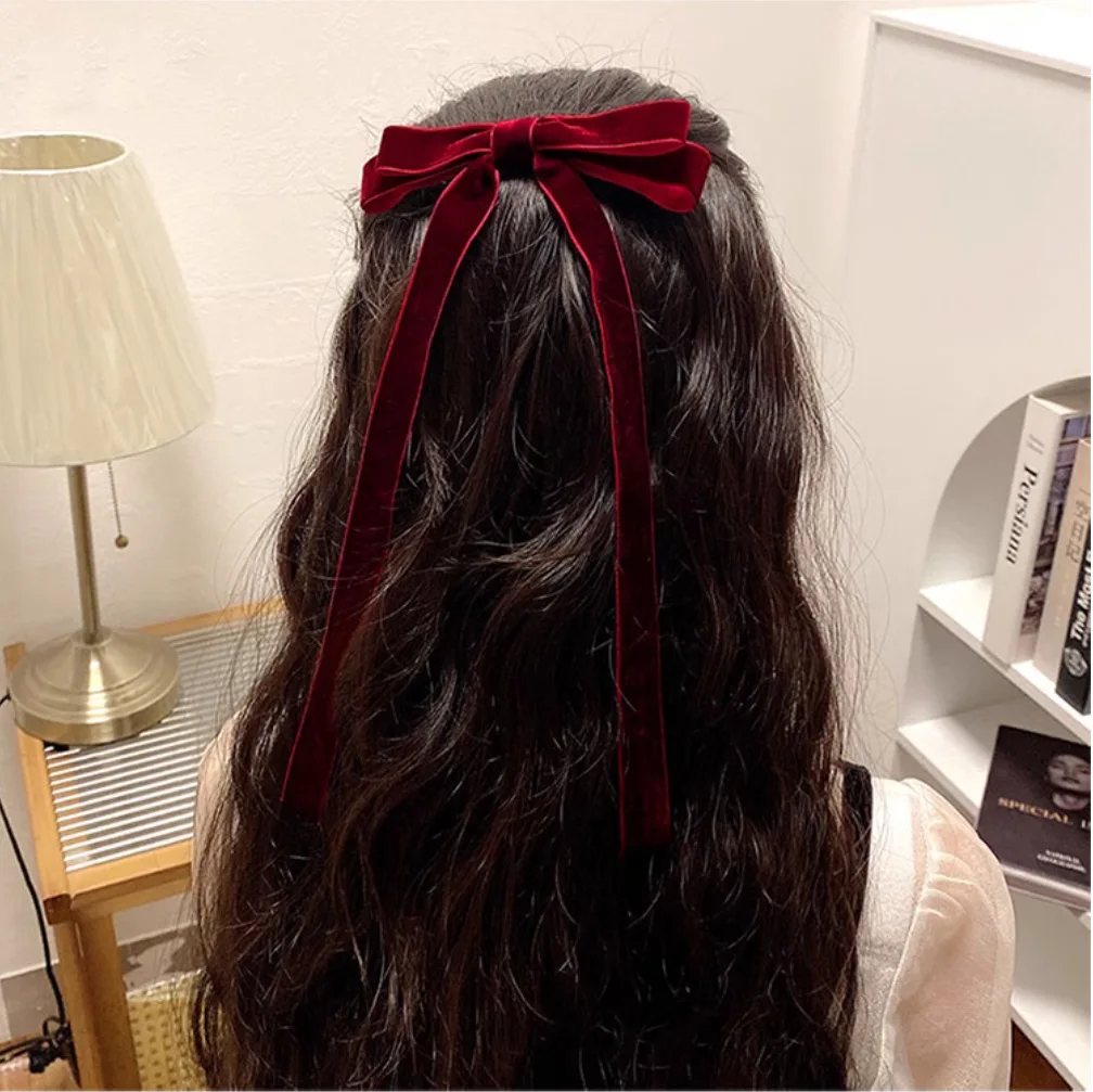 

Autumn Winter Velvet Bow Hair Clips for Girls Solid Color Long Ribbon Knotted Hairgrip Korean Women Hair Accessories Hairpins