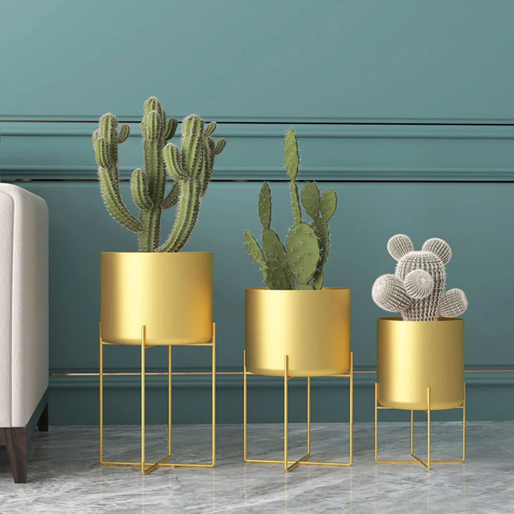 

Gold Plant Stand with Pot Floor Type Nordic Style Metal Planter Indoor White