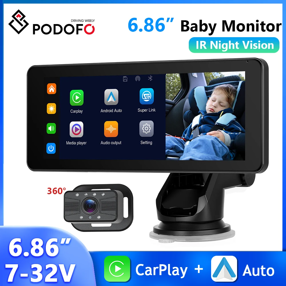 

Podofo 6,86 ''IPS-экран Автомобильный монитор CarPlay Android Автоматическая навигация AirPlay Android Литая радионяня ИК-камера ночного видения