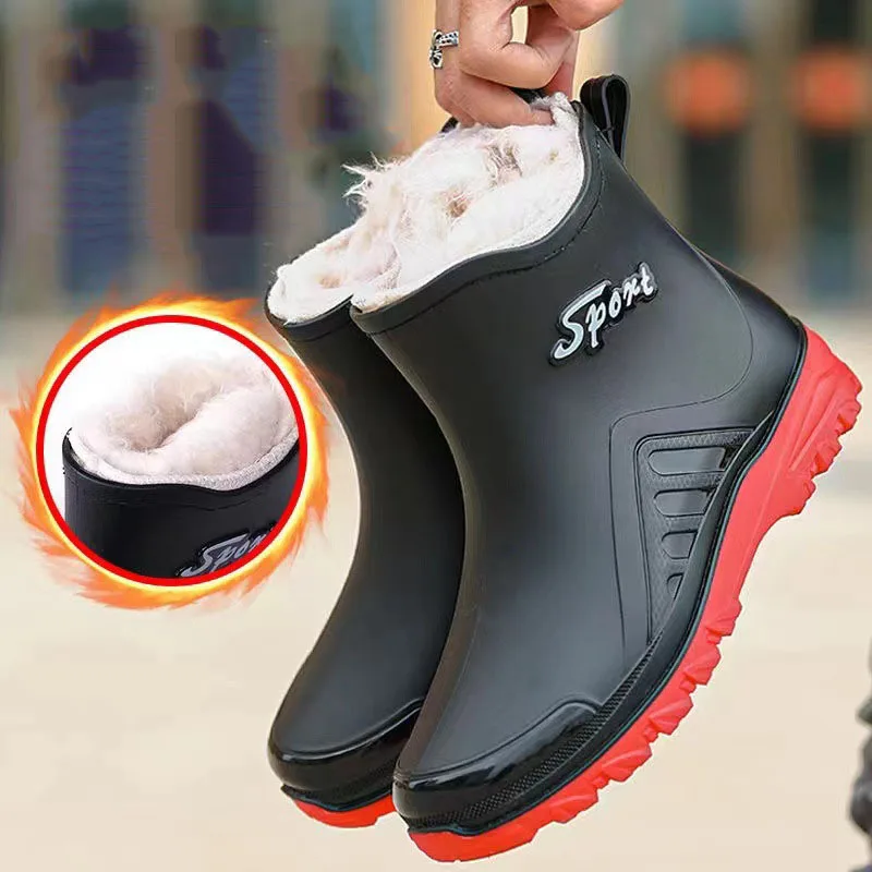 2024 New Winter Rain Boots Men Short Plush Insulation Outdoor Non-slip Waterproof Casual Shoes Men\'s Slip-on Light Fishing Shoes