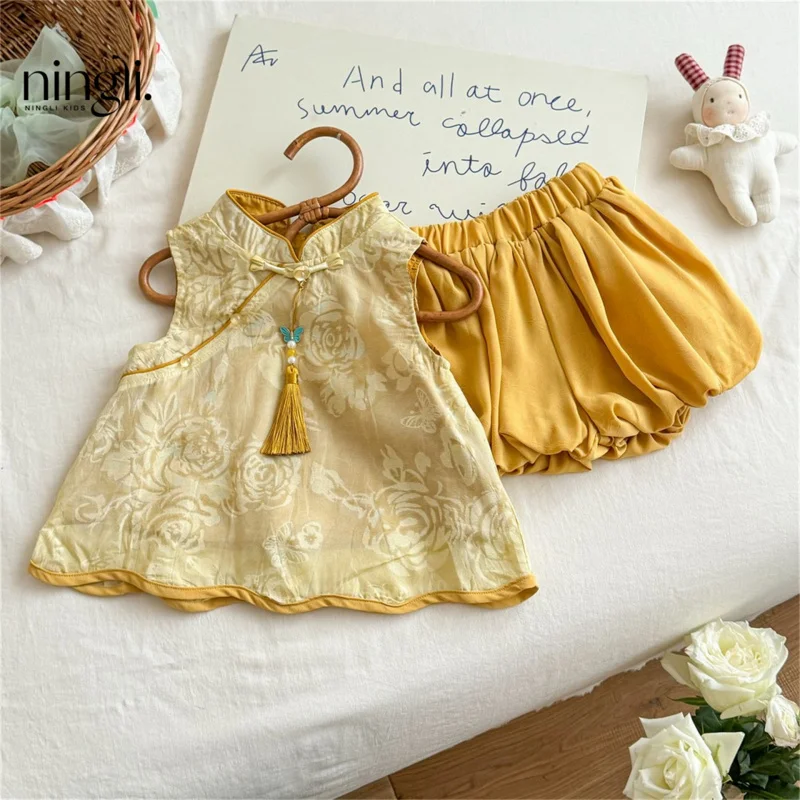 

Girls Summer Chinese Style Set New Baby Stylish Jacquard Button Vest and Bloomers Shorts Two-Piece Set
