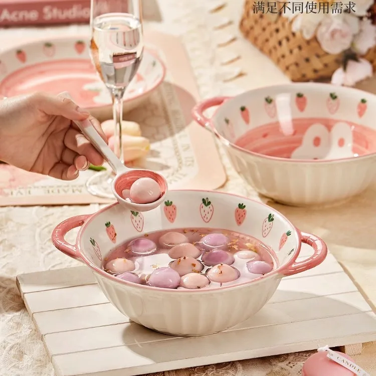 Strawberry Rabbit Ceramic Bowl, Double-eared Soup Bowl, Household Noodle Soup Bowl, Cute and Girlish Large Bowl Tableware