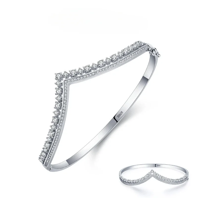 S925 Silver Bracelet for Women, Cross-border Fashion in Europe and America, V-shaped Bracelet, Luxurious and High-end Feeling