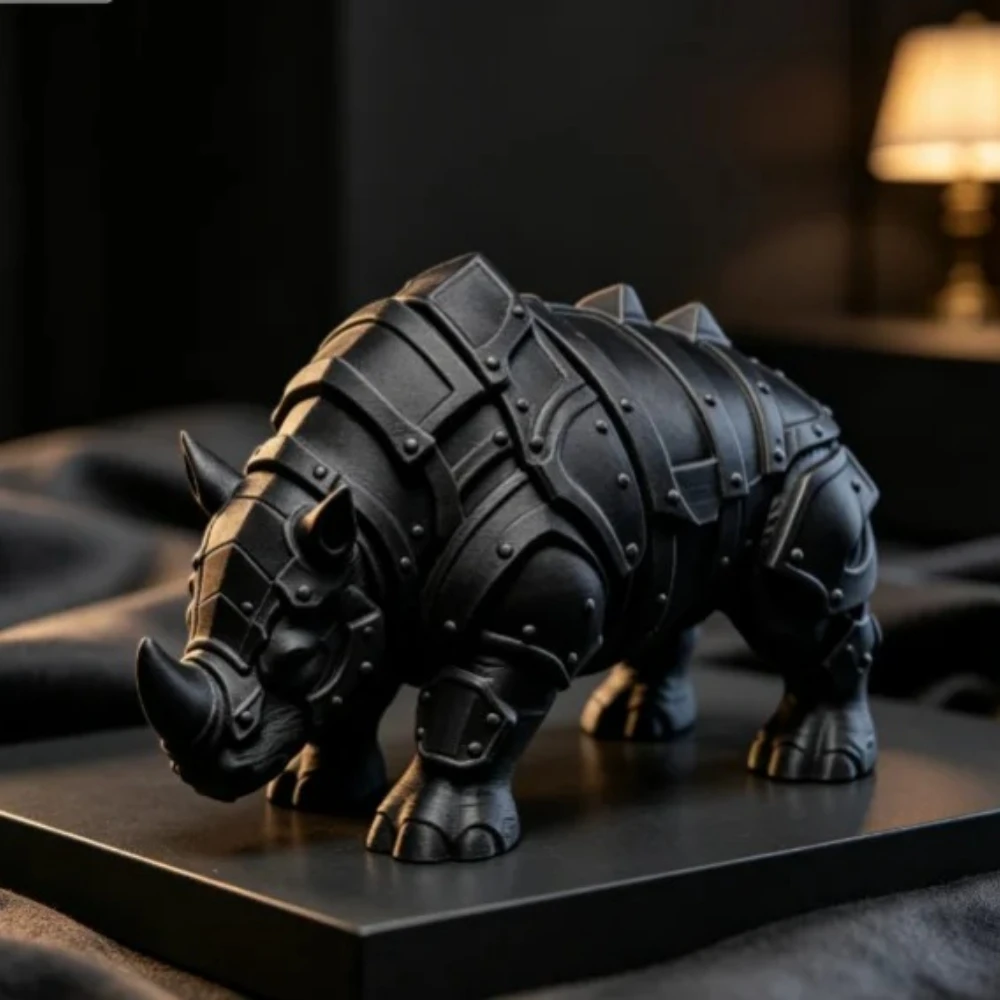 3D Printed Mecha Armored Rhino Mini Figurine Medieval Rivet Punk Sculpture Cool Tabletop Ornaments Decor for Study Office