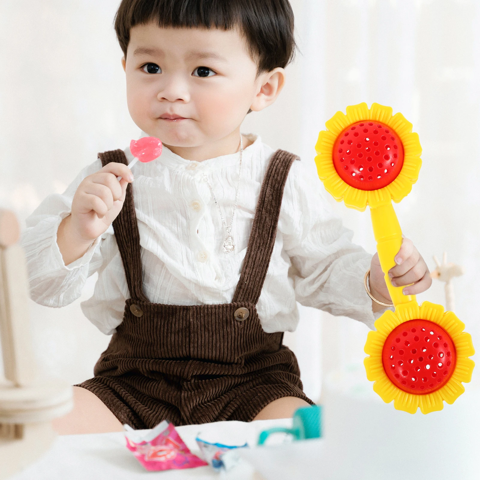 

2pcs Sunflower Dumbbell Rattle Infant Hand Shaker Plaything Lightweight Baby Grip Cheerleading Exercise Rattle For Kids Toddler