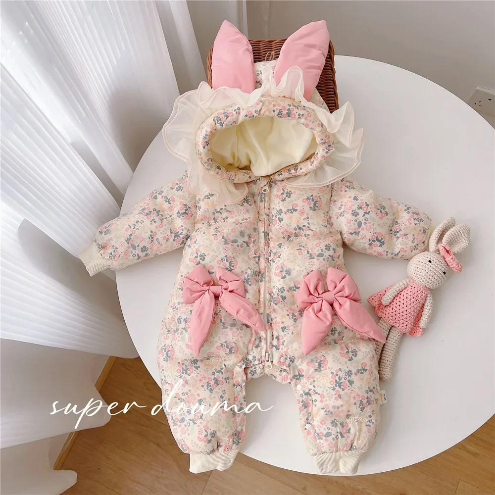 

Winter Baby Sweet Plush Thickened Jumpsuit for Baby Cute Crawling Suit 0-24M Princess Bodysuit Outdoor Cotton Rabbit Ear Rompers