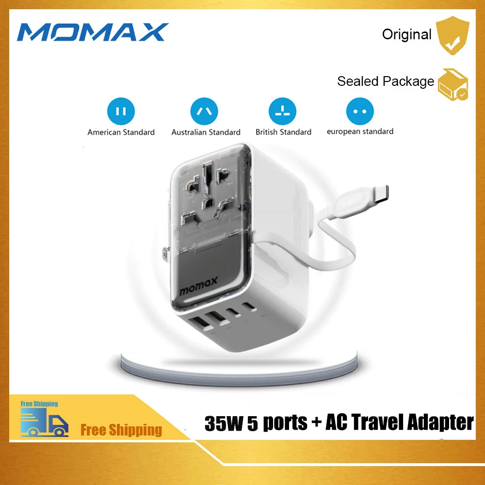 

MOMAX Universal Travel Adapter, PD 35W Fast International Power Adapter, 3 USB C & 2 USB A, Worldwide Travel Plug Adapter