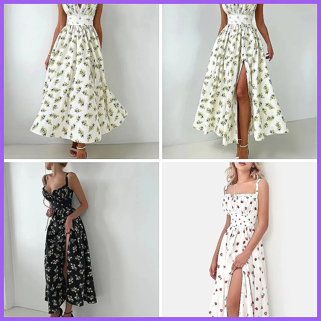 

Elegant Floral Print Sling Dress with Lace-Up Waist | Women's A-Line Split Party Gown for Vacation