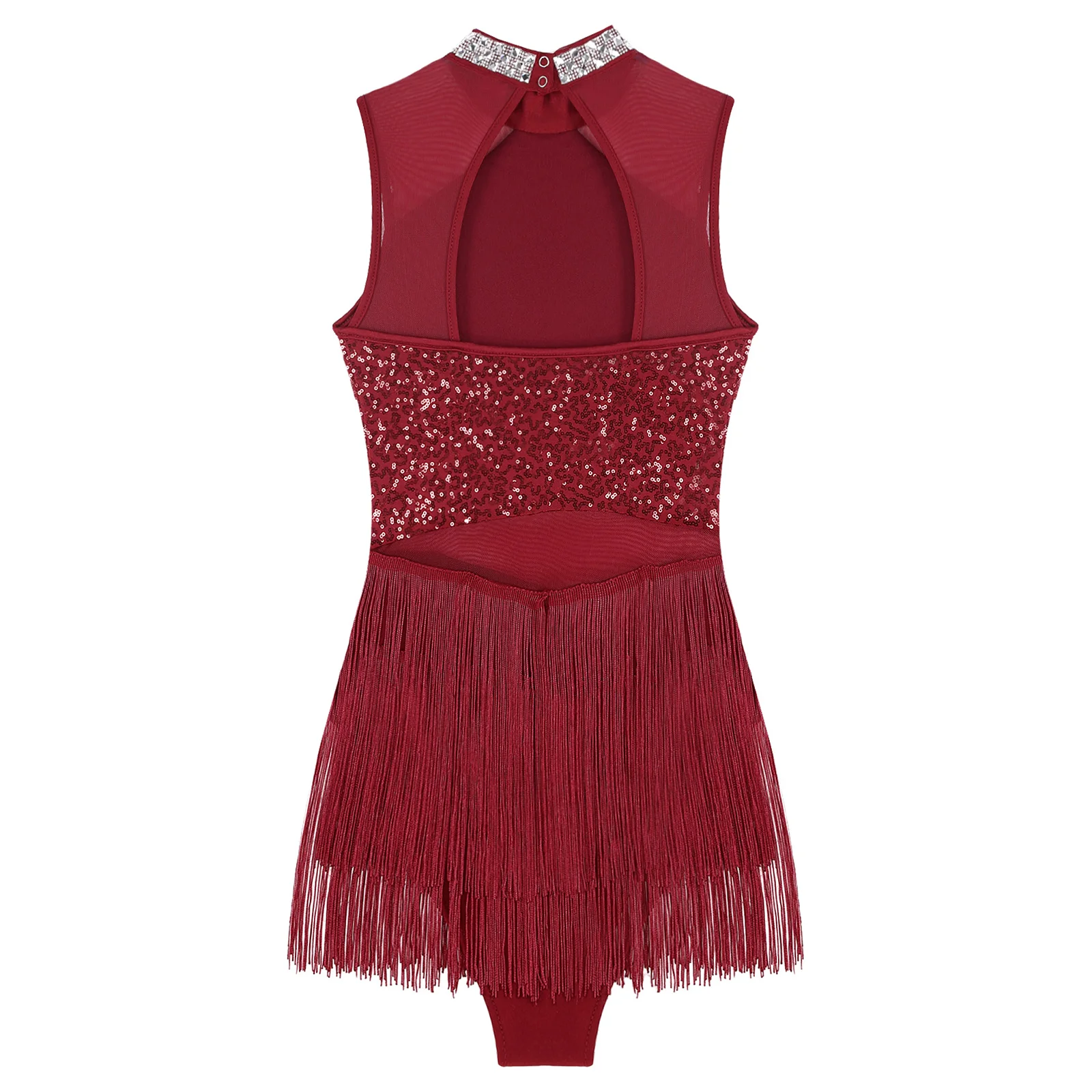 Women Sequins Tassel Leotard Latin Tango Salsa Dress Rhinestones Halter Sleeveless Fringe Bodysuit Cha-Cha Samba Dancewear