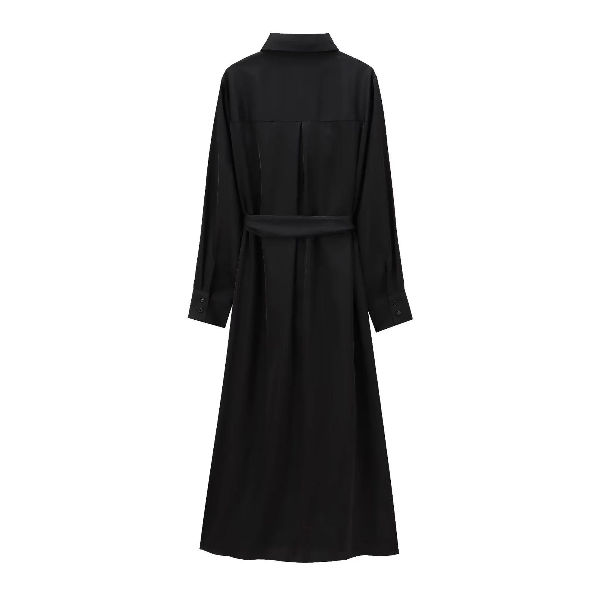 Women\'s Shirt Dress with Single-Breasted Pockets Trimmed Waist Lace-up Silk Satin Texture Commuter Quality Midi SkirtShirt Dress