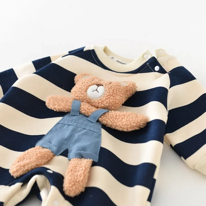 Baby Rompers Thicken Lining Boys Clothes Striped Girls Jumpsuits Cute Bear Long Sleeve Spring Autumn Baby Clothes Outfit 아기옷